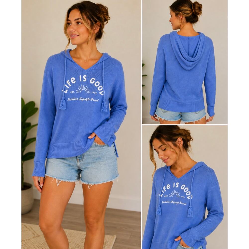 Life is Good Women’s Blue Knit Oversized Hoodie Sweater Small Logo Pullover